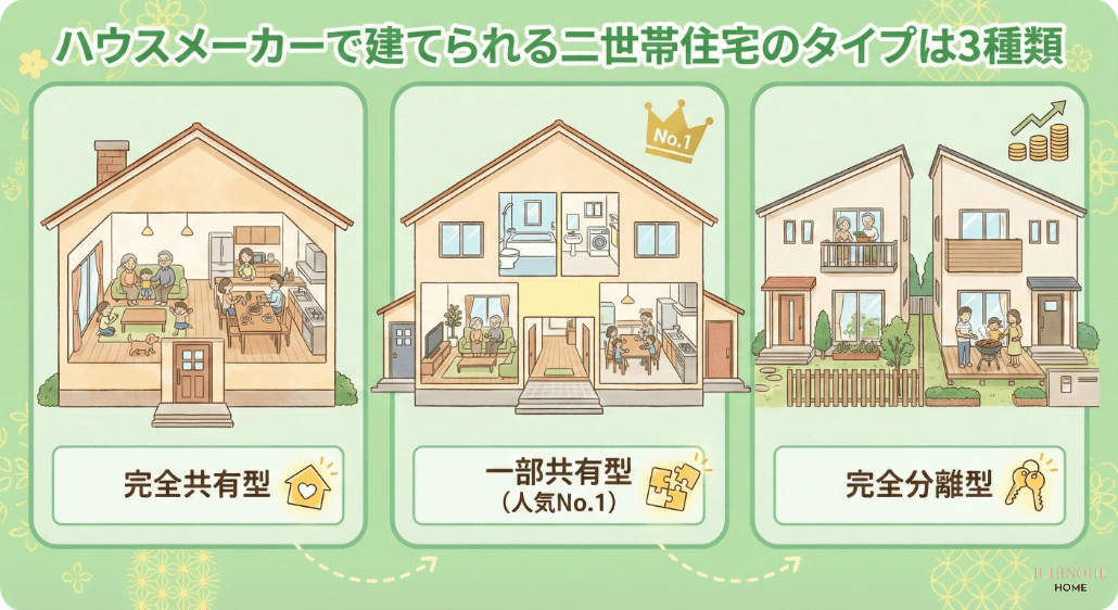 ハウスメーカーで建てられる二世帯住宅のタイプは3種類|共有・部分共有・完全分離の違い
