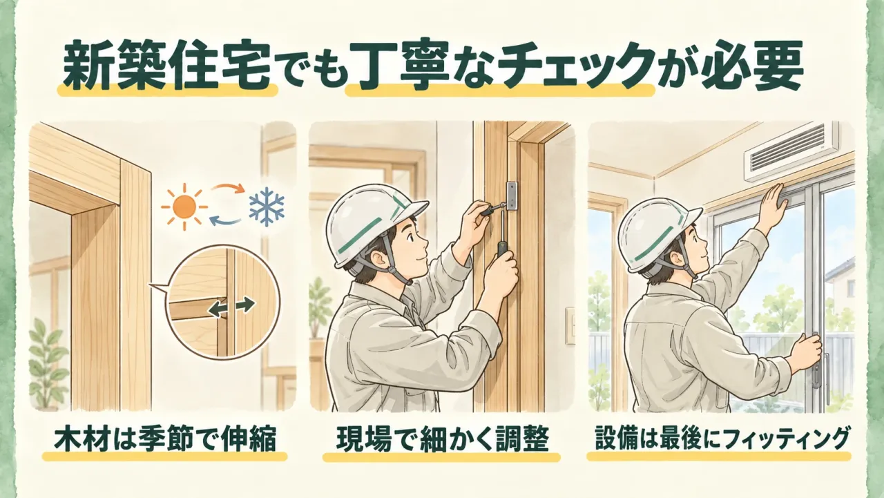 木材が季節の温度や湿度で伸縮する様子、職人が現場でドア金具を細かく調整する様子、サッシの開閉を最後にフィッティングする様子を3コマで描いた図