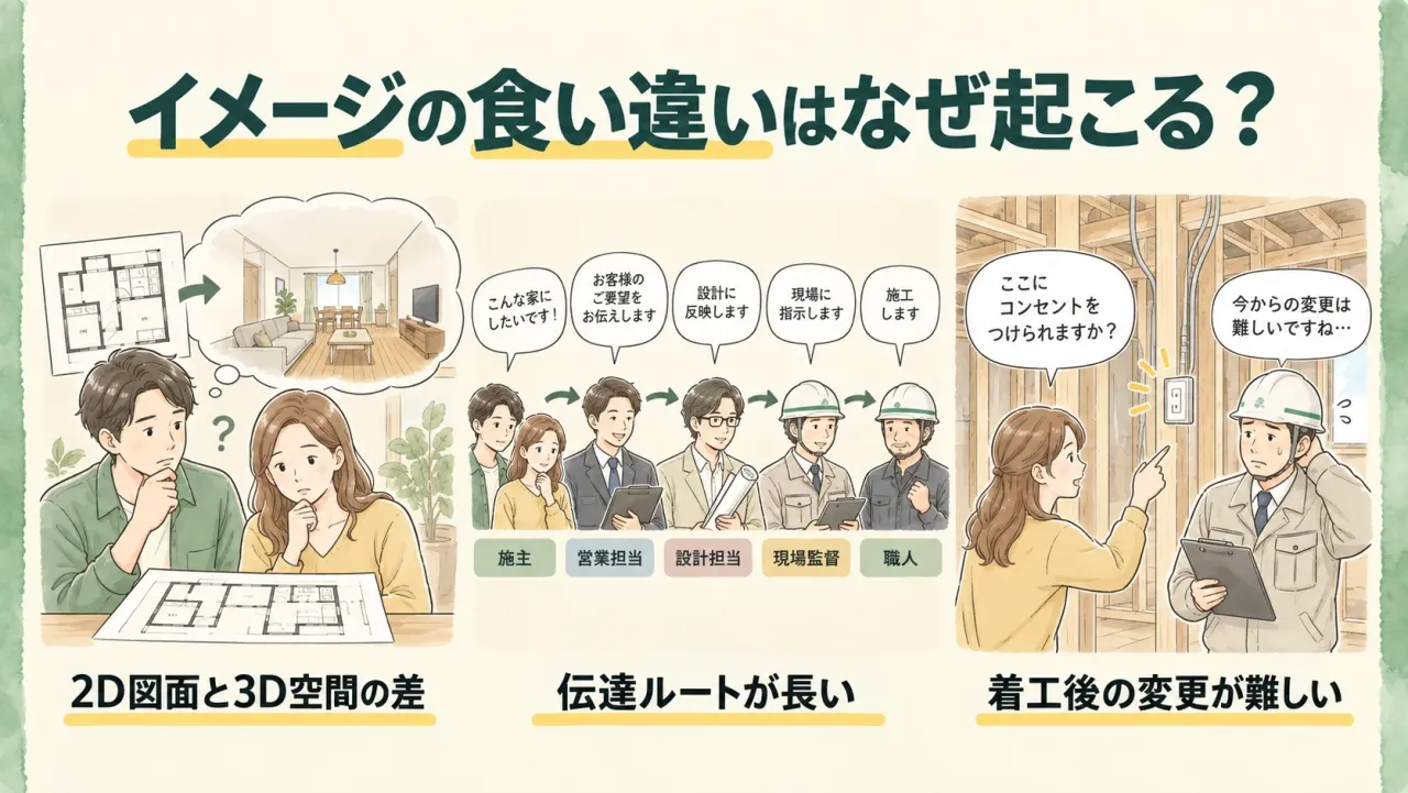 図面を見て完成後の空間を想像する夫婦、施主から営業担当・設計担当・現場監督・職人へと要望が伝言される流れ、着工後にコンセント追加を頼んで難色を示される場面を3コマで描いた図