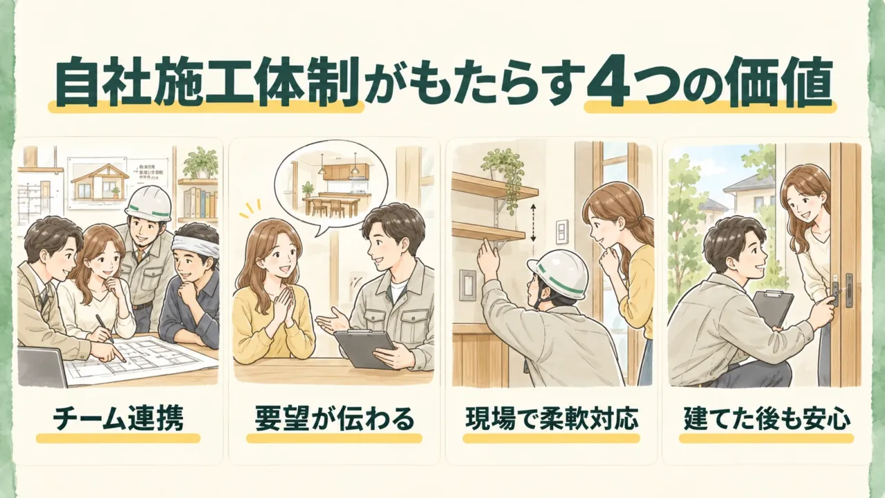 自社施工体制がもたらす4つの価値として、チーム連携、要望が伝わる、現場で柔軟対応、建てた後も安心の4場面を描いた図