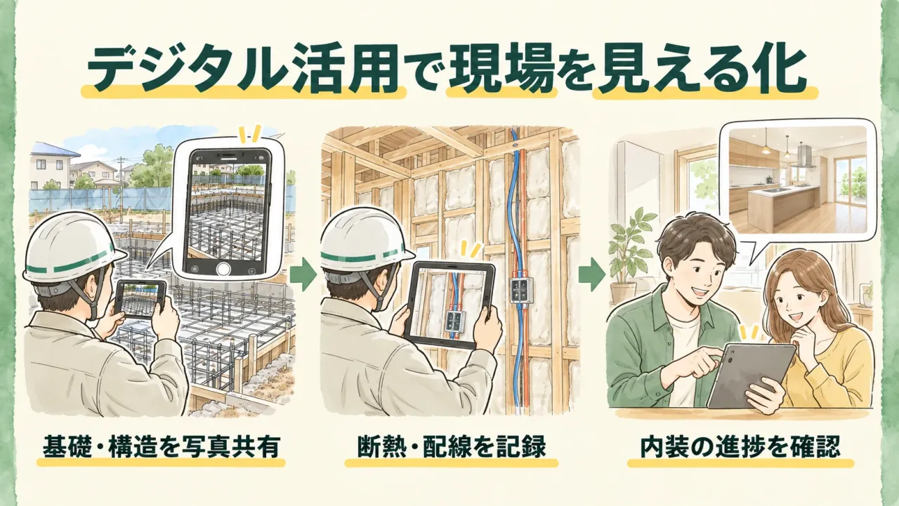 職人が基礎の配筋をスマートフォンで撮影し、断熱材と電気配線をタブレットで記録し、夫婦がタブレットで内装の進捗写真を確認する流れを描いた図