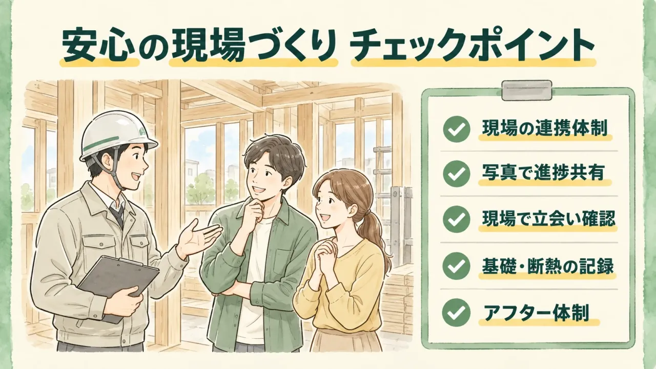 建築中の現場で現場担当者と夫婦が話す様子と、現場の連携体制・写真で進捗共有・現場で立会い確認・基礎と断熱の記録・アフター体制の5項目のチェックリストを描いた図