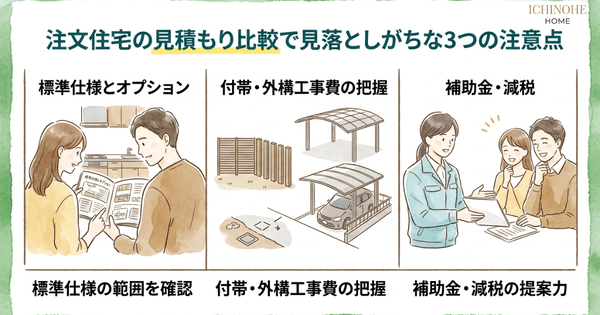 H2:注文住宅の見積もり比較で見落としがちな3つの注意点