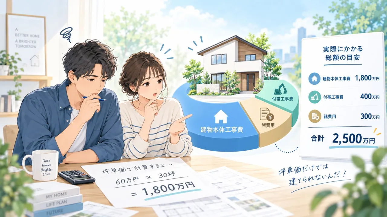 坪単価60万円×30坪で1,800万円と計算した夫婦が、付帯工事費400万円と諸費用300万円を加えた総額2,500万円の内訳を見て驚いている図