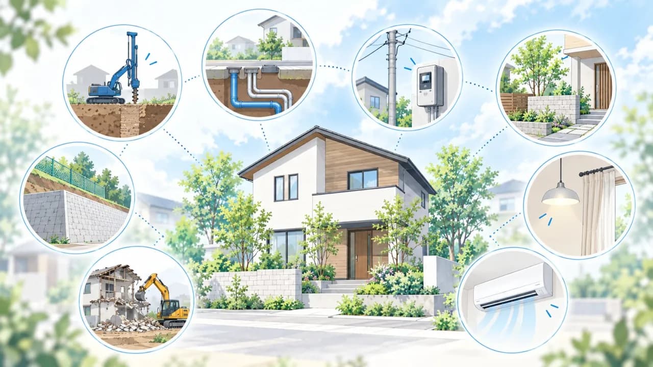 住宅の周りに地盤改良、給排水管の引き込み、電気の引き込み、外構、照明とカーテン、エアコン、解体、擁壁の8つの工事が円形のイラストで配置された図