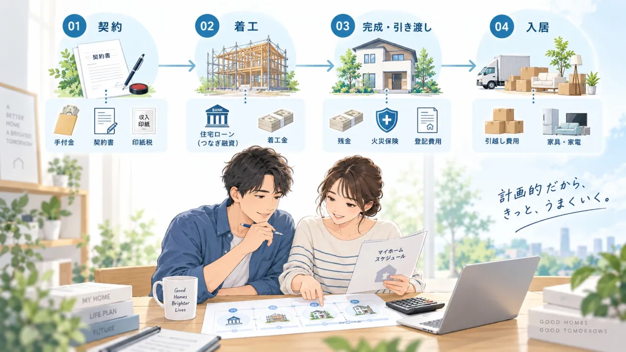 契約・着工・完成引き渡し・入居の4段階と、それぞれで支払う手付金、着工金、残金、火災保険、登記費用、引越し費用などを並べたタイムライン図