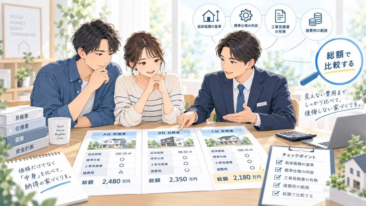 夫婦が住宅会社の担当者と、A社・B社・C社の見積書を延床面積・標準仕様・工事見積書・諸費用の項目で並べて比較している様子
