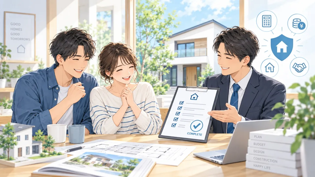 住宅会社の担当者から資金計画のチェックリストを見せられ、夫婦が笑顔で安心している様子